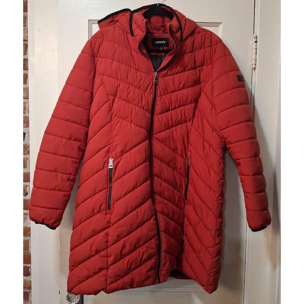 DKNY Womens Mid Length Puffer Coat Red Hooded Quilted Jacket Size 2XL